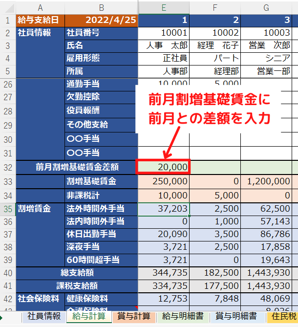 前月割増基礎賃金差額